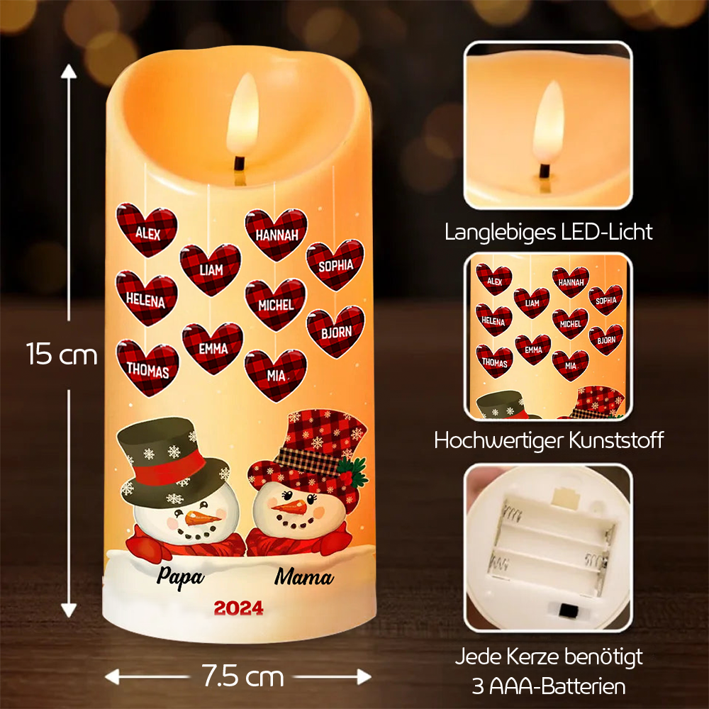 Schneemann-Paar und Herzen LED-Kerze mit Namen
