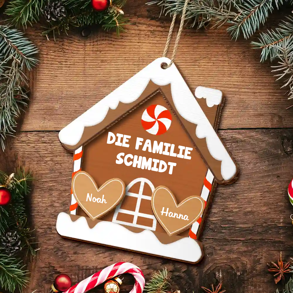 Lebkuchen-Keks-Familie – Personalisiertes 2-lagiges Holzornament Christbaumschmuck mit Namen