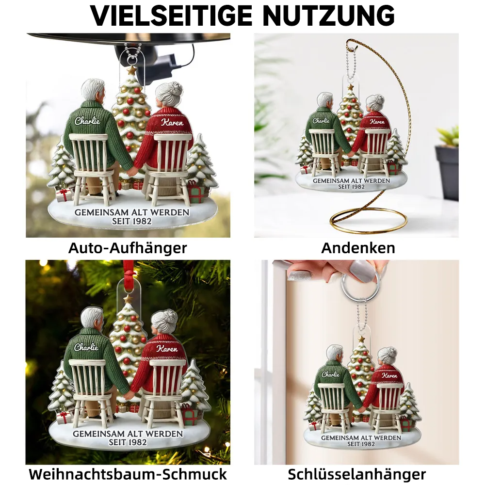 Flacher Acryl-Christbaumanhänger – „Altes Ehepaar“ mit Namen personalisiert