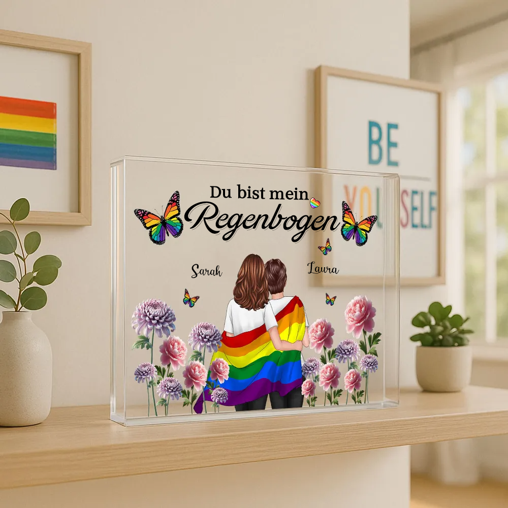 Personalisierte Acryltafel mit Regenbogenmotiv und 2 Figuren bedruckt Geschenk für LGBT Paare