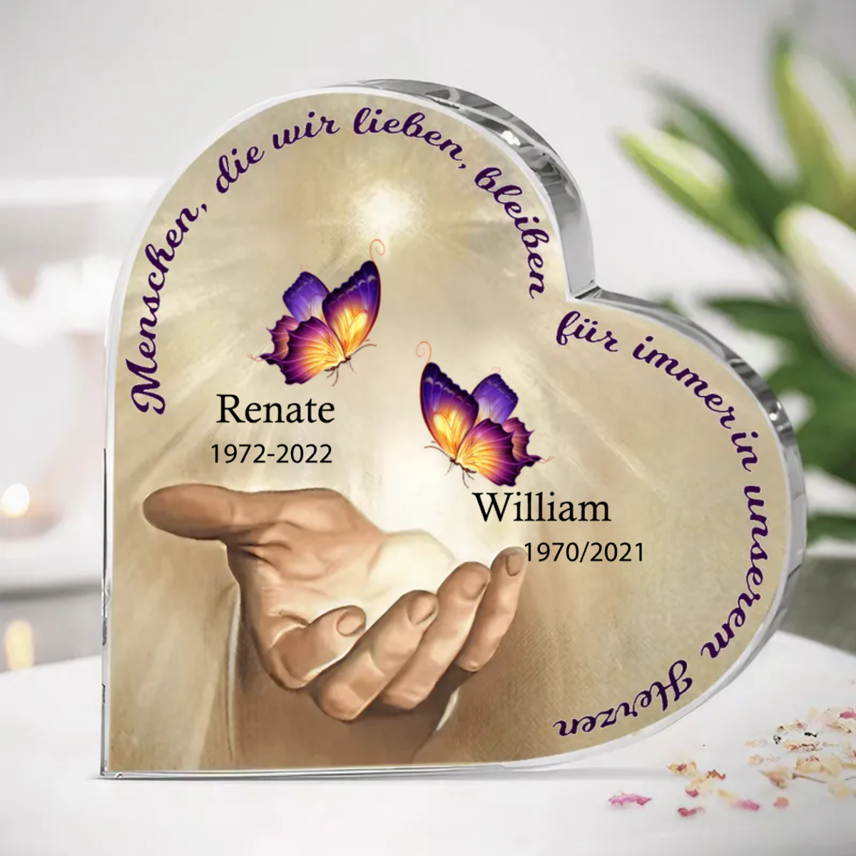 Schmetterlingmotiv Acrylplakette mit 1-2 Namen Trauergeschenk