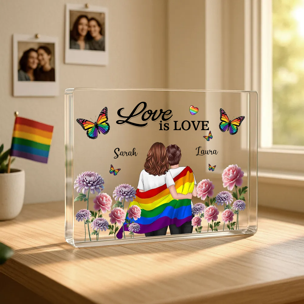Personalisierte Acryltafel mit Regenbogenmotiv und 2 Figuren bedruckt Geschenk für LGBT Paare