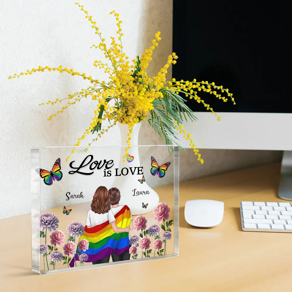 Personalisierte Acryltafel mit Regenbogenmotiv und 2 Figuren bedruckt Geschenk für LGBT Paare