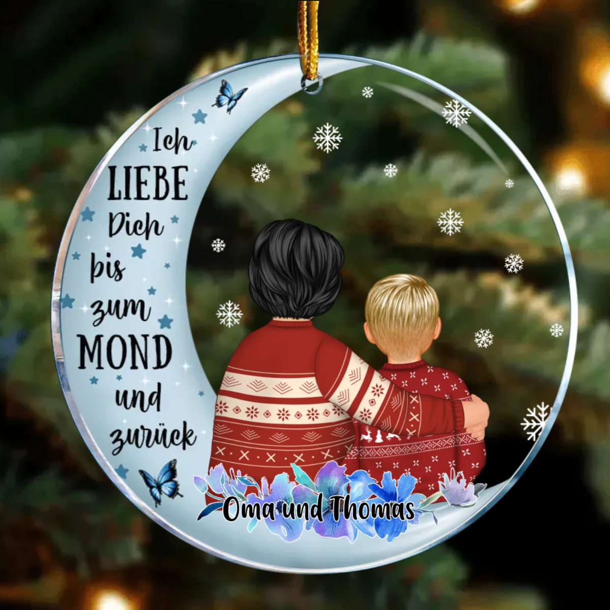 Acryl Anhänger Oma Enkelkind auf Mond personalisierte Kreis Weihnachtsschmuck
