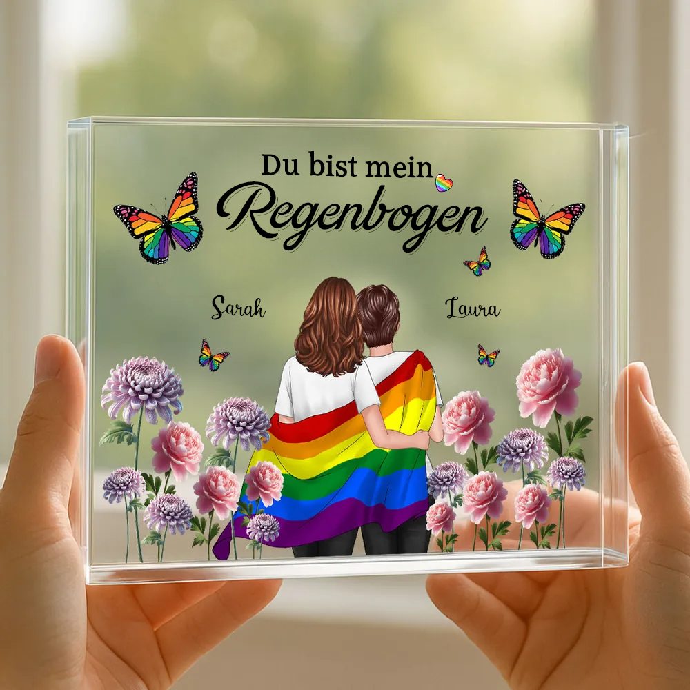 Personalisierte Acryltafel mit Regenbogenmotiv und 2 Figuren bedruckt Geschenk für LGBT Paare