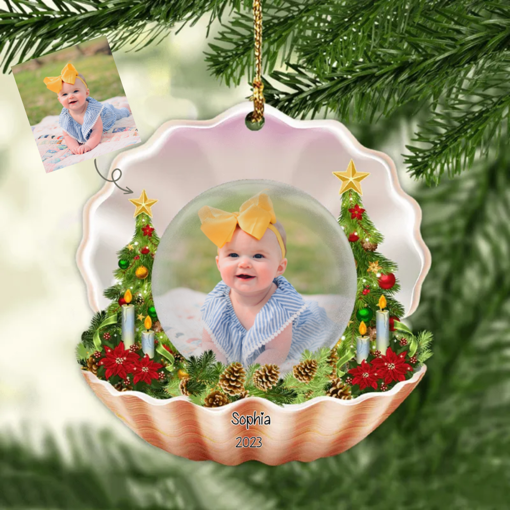 Baby Foto Muschel-Kristallkugel Weihnachtsschmuck mit Name Acylschmuck