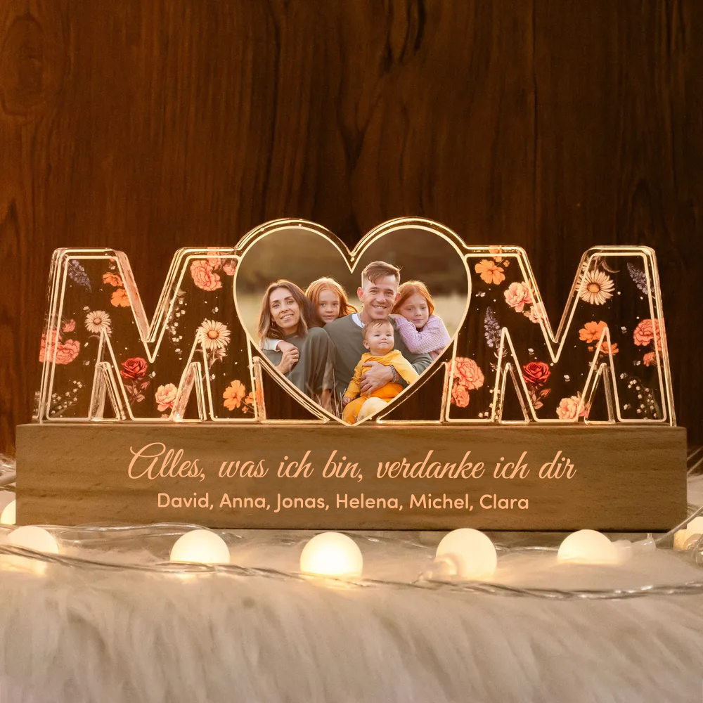 Personalisierte MOM-Nachtlicht mit Foto und Geburtsblumen für Mutter