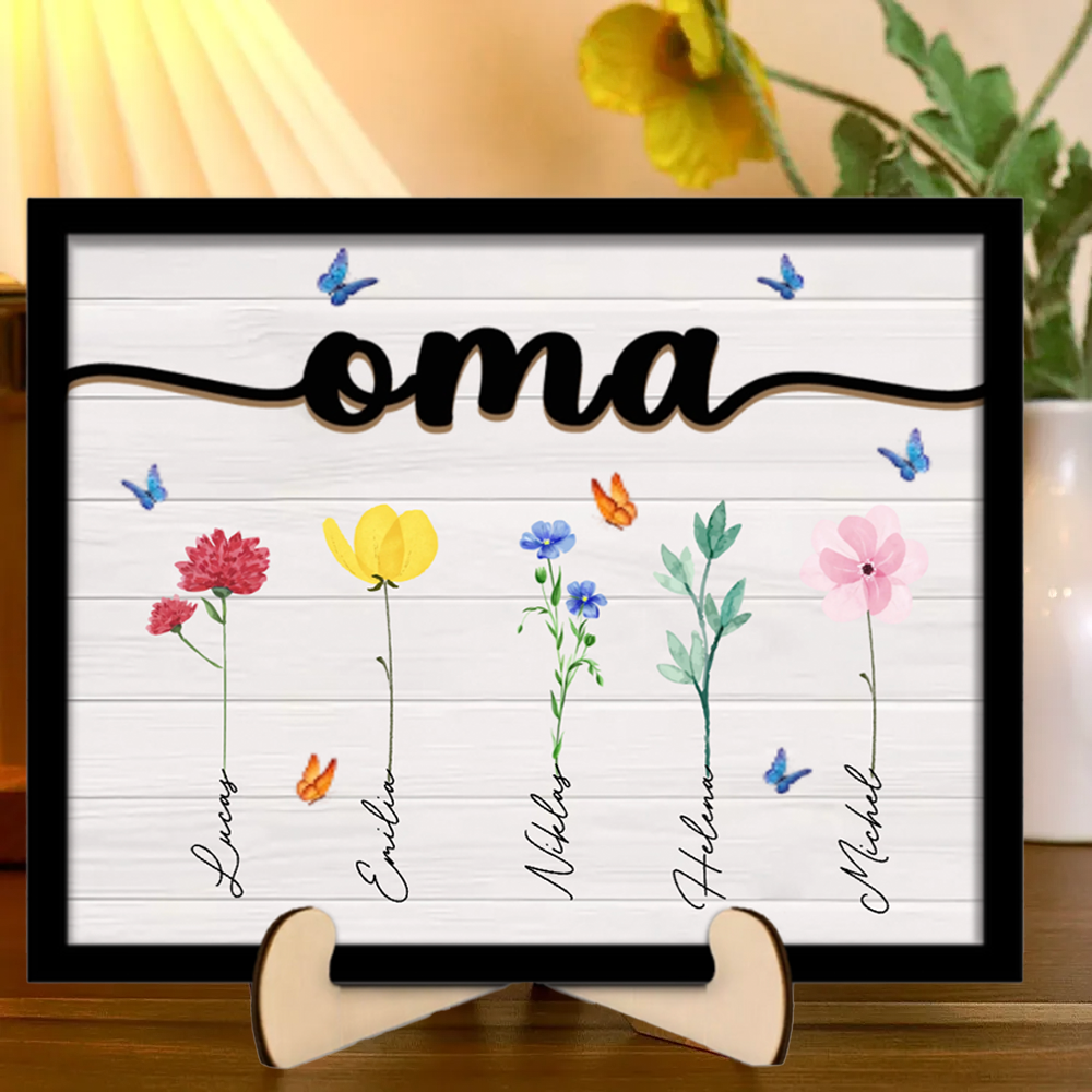 Personalisierte Holztafel mit Blumen und Namen für Oma, Opa, Mama und Papa
