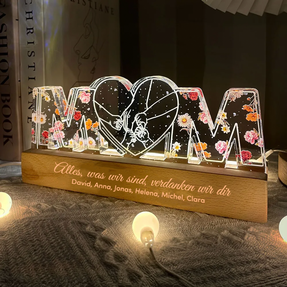 Personalisierte MOM-Nachtlicht mit Geburtsblumen und Hand-in-Hand Muster