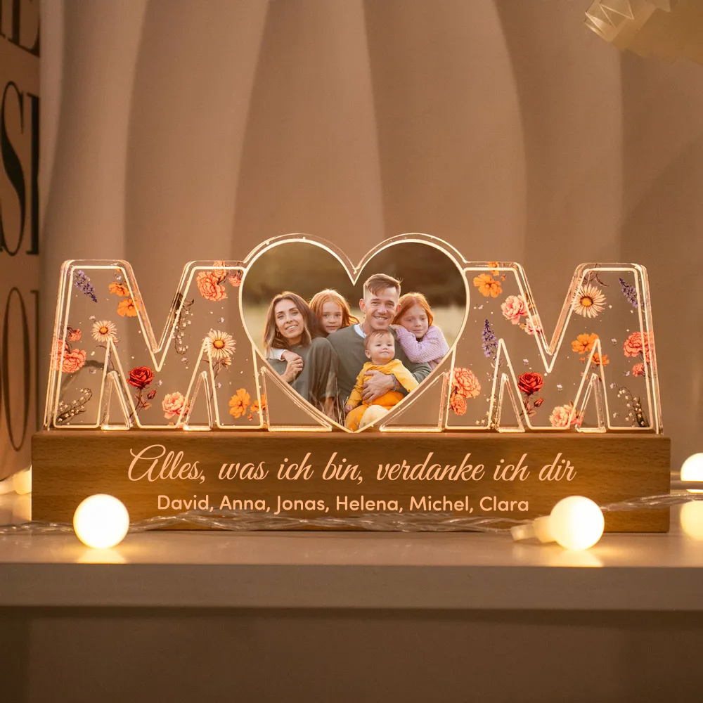 Personalisierte MOM-Nachtlicht mit Foto und Geburtsblumen für Mutter