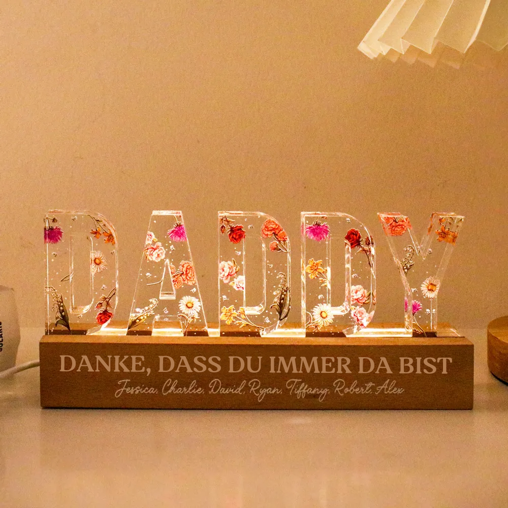 Personalisiertes DADDY-Nachtlicht mit Geburtsblumen, Sprüche und Namen Geschenke für Papa