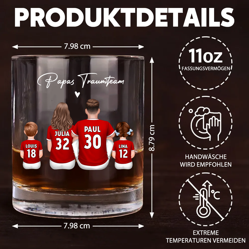 Papas Fußballteam - Whisky-Glas mit 2-5 Personen personalisiert Geschenk für Vater
