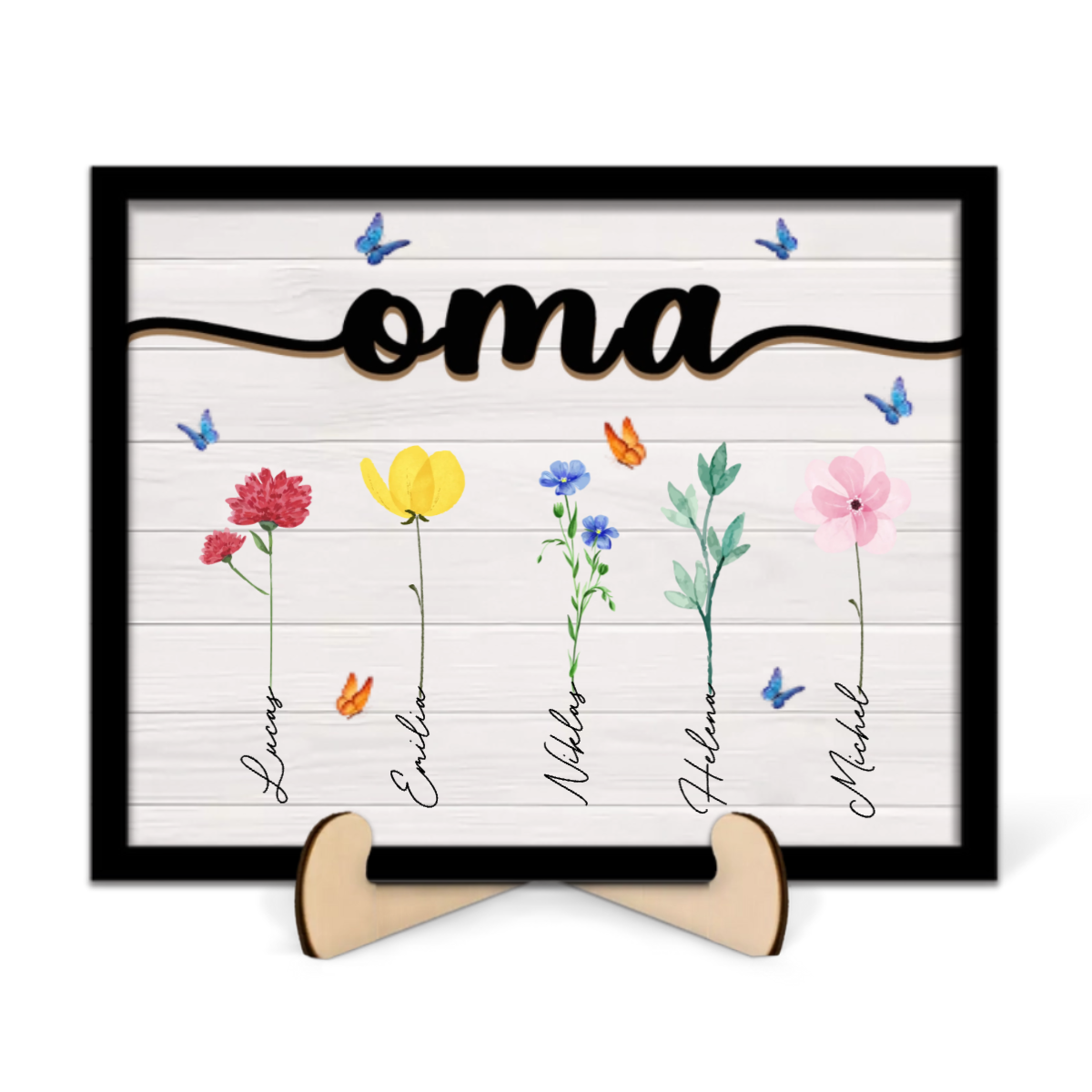 Personalisierte Holztafel mit Blumen und Namen für Oma, Opa, Mama und Papa