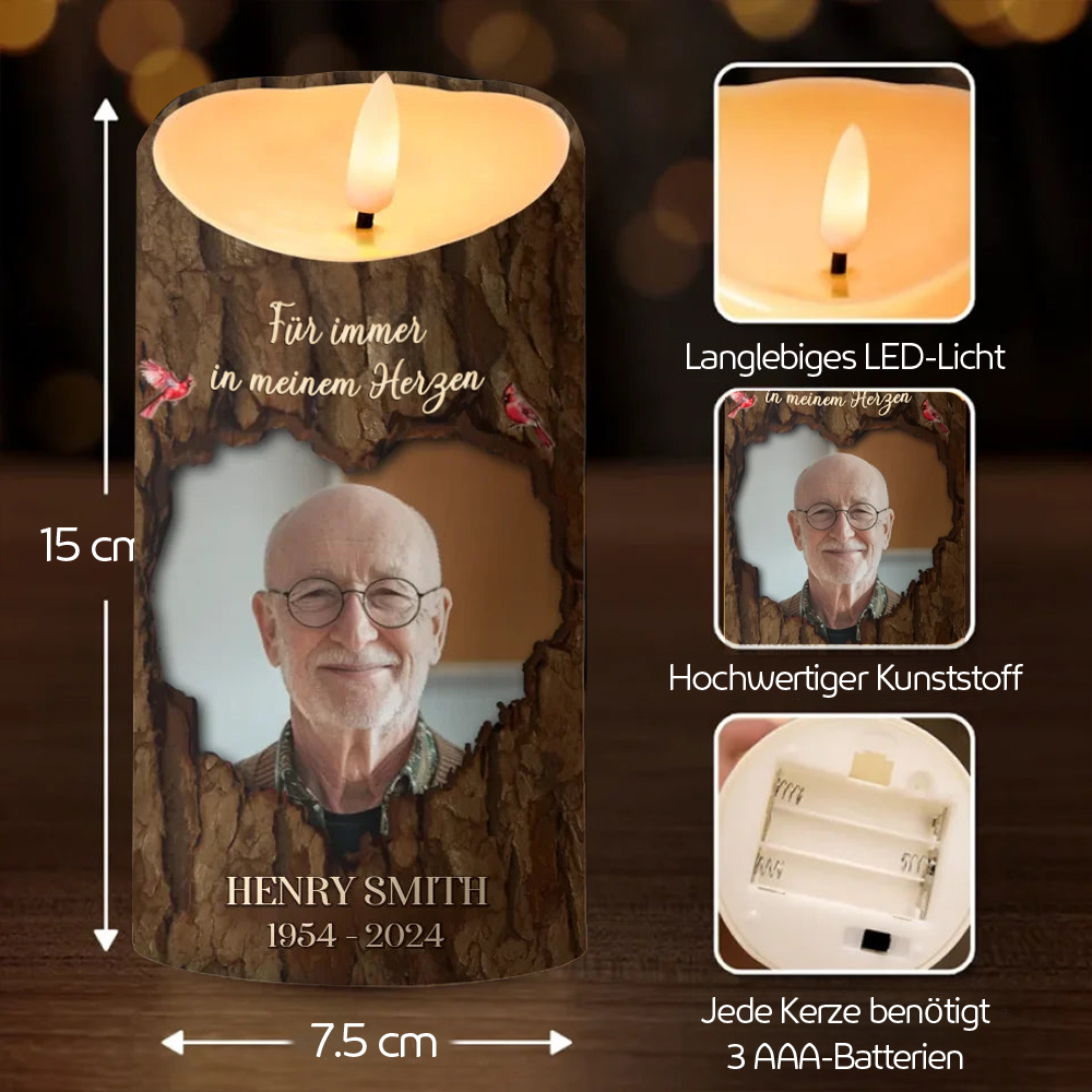 Personalisierte LED-Kerze mit Holzmaserungsmuster Trauerkerze