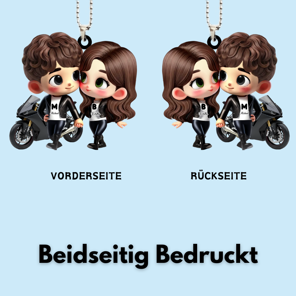 Cartoon-Paar mit Motorrad Autoanhänger aus Acryl Geschenk für Paar