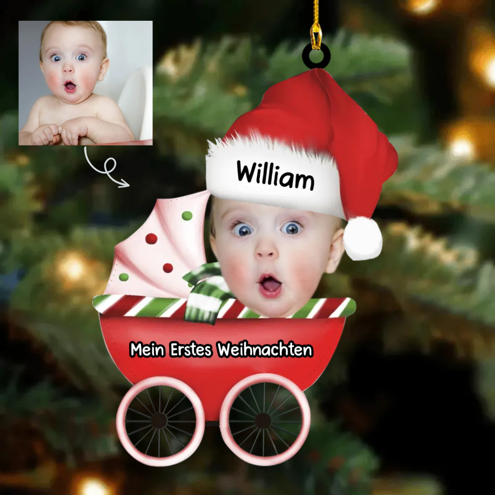 Baby Foto Babywagen Weihnachtsschmuck mit Name Acylschmuck