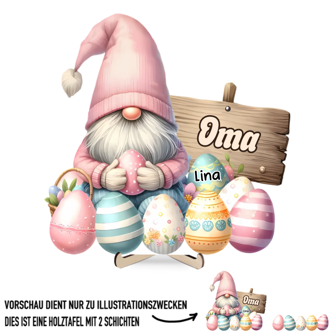 Personalisierte Holztafel mit Zwerge und Ostereier Geschenk zu Ostern für Oma