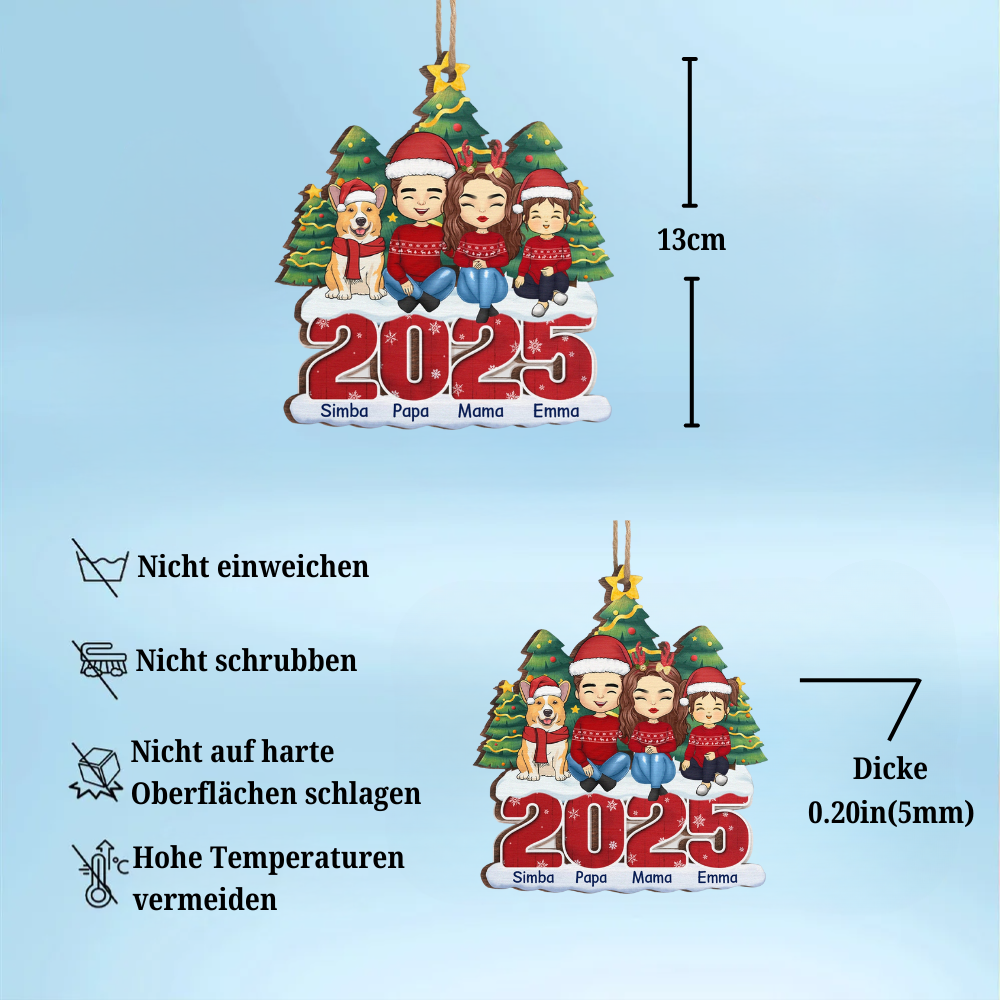 2025 Familie- Personalisierter Holzanhänger Christbaumschmuck mit Eltern, Kinder, Hund und Katze