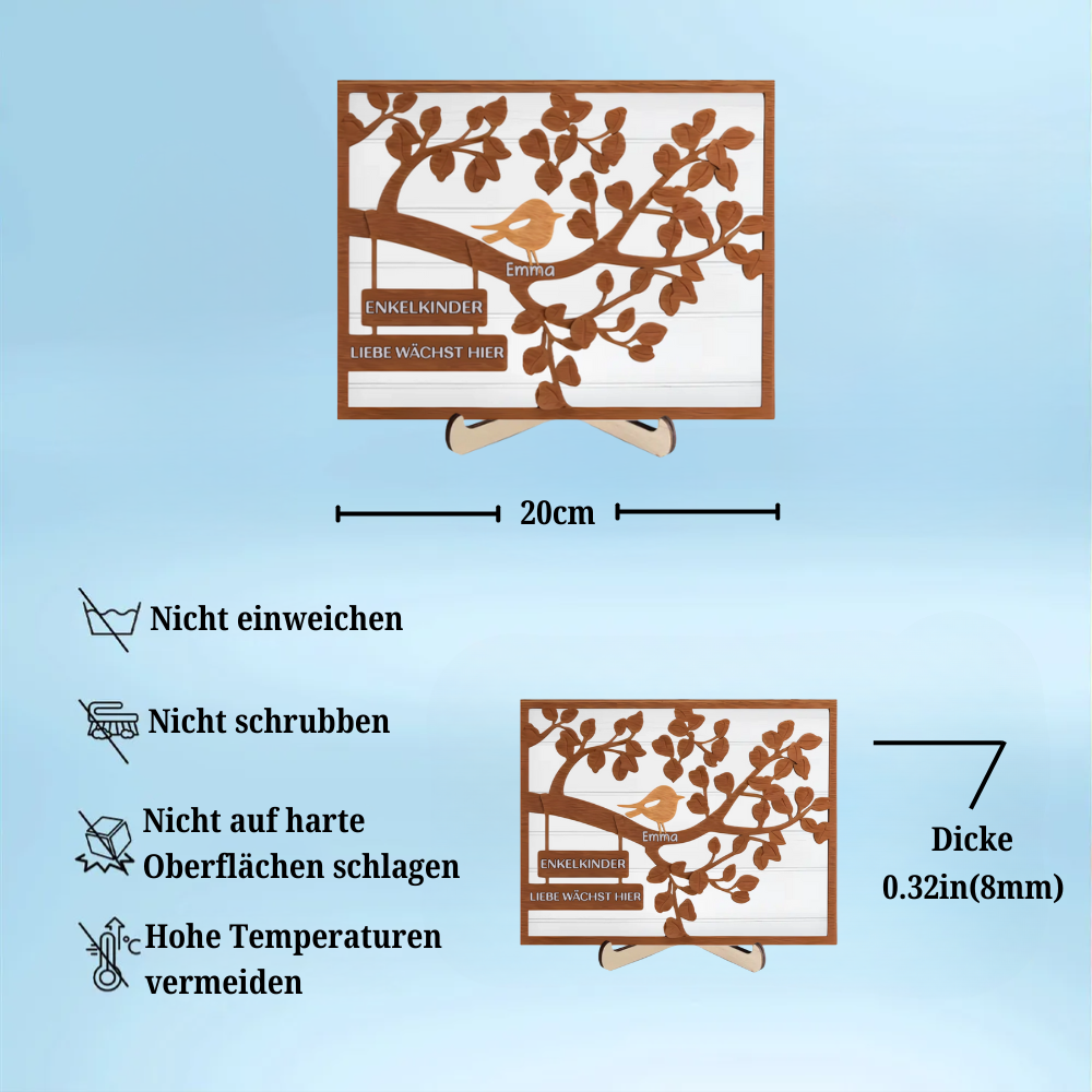 Personalisierte Holztafel mit Baum und Vögeln für Familie und Oma
