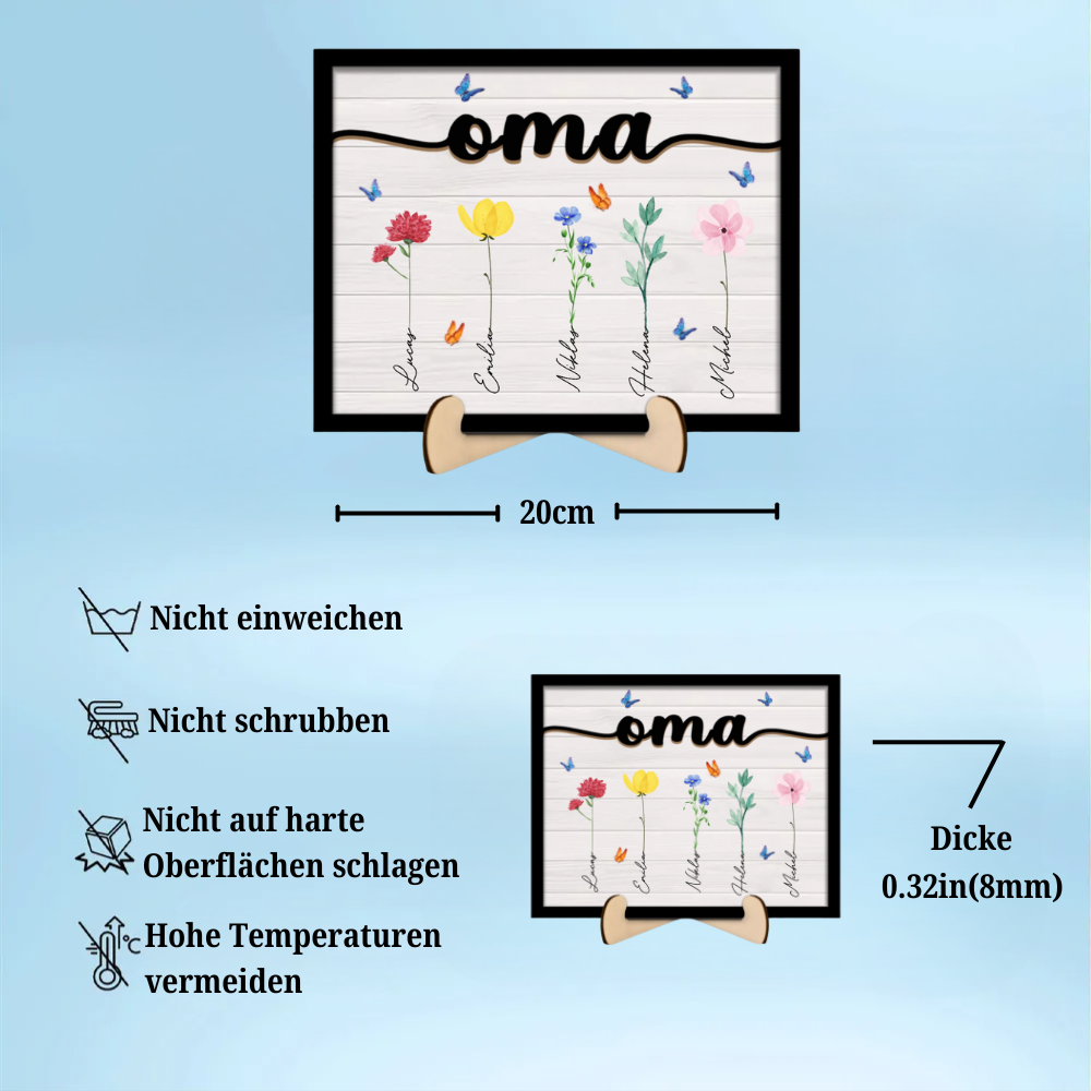 Personalisierte Holztafel mit Blumen und Namen für Oma, Opa, Mama und Papa