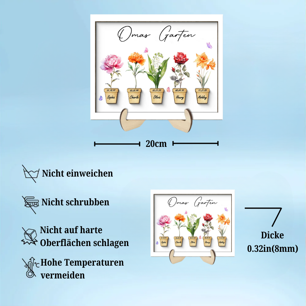 Personalisierte Holztafel mit Geburtsblumen für Oma und Mama