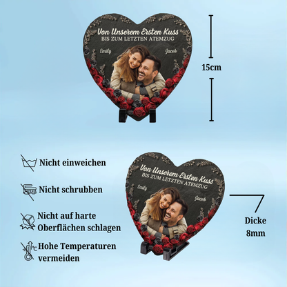 Foto und Rosen - Personalisierte Schieferplatte für Paare – Herzform mit Stand
