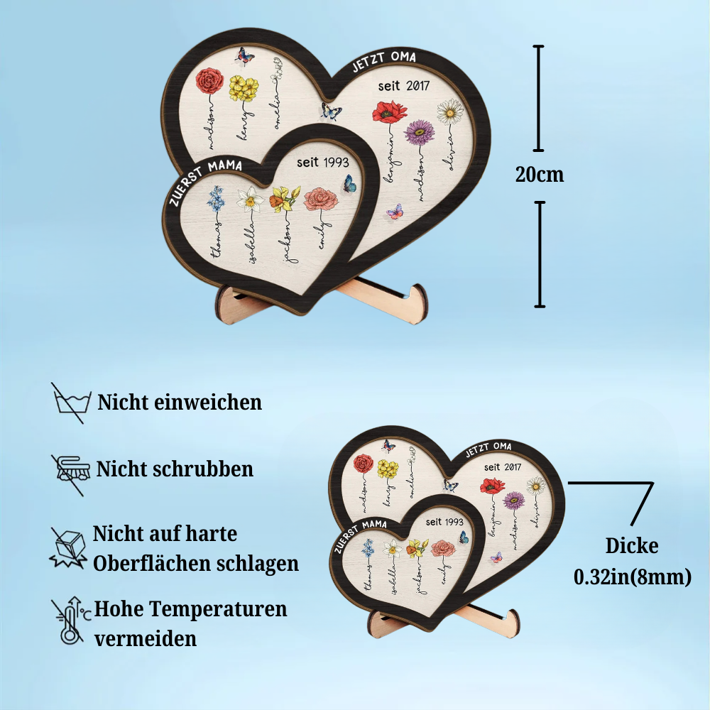 Zuerst... Jetzt...Personalisierte Doppelherz-Holztafel  mit Geburtsblumen und Namen