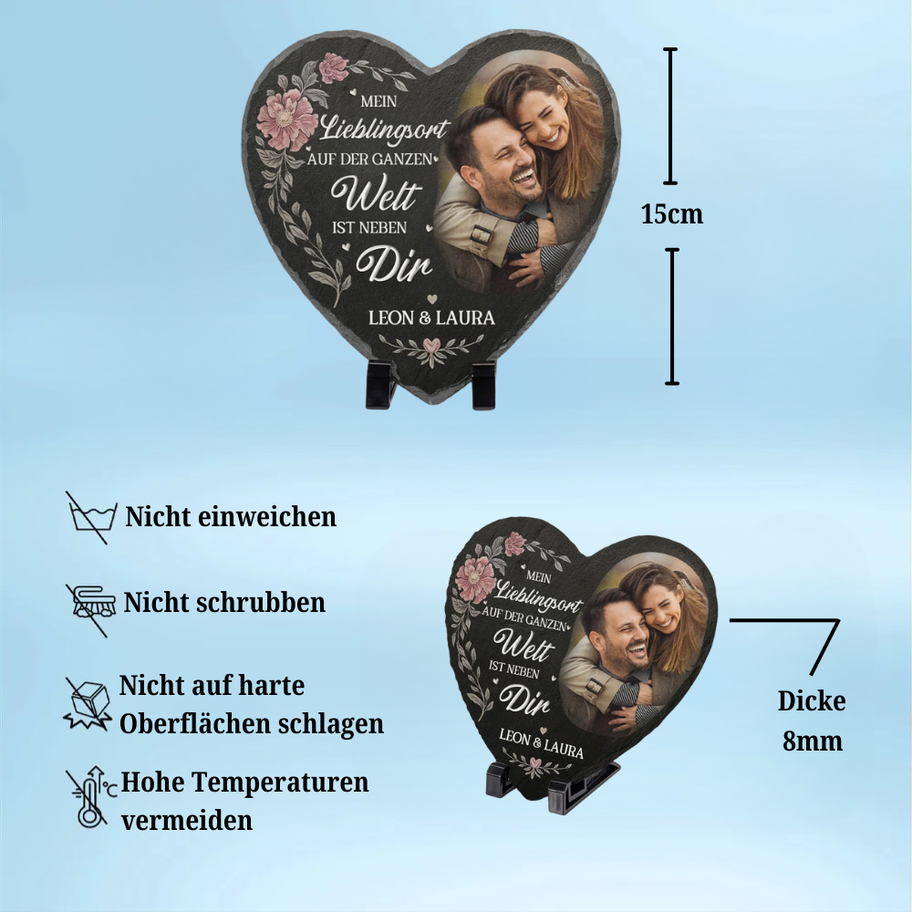Mein Lieblingsort-Personalisierte Schieferplatte mit Foto für Paare – Herzform mit Stand