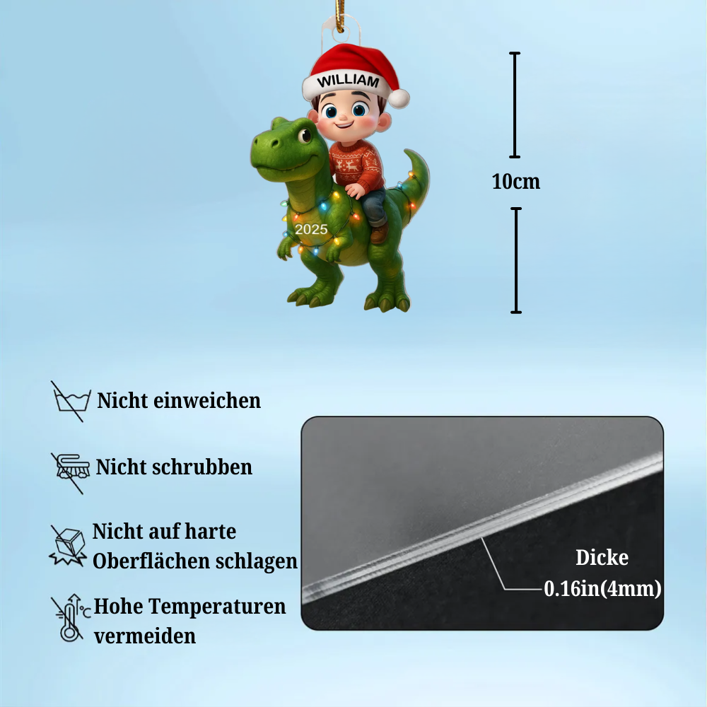 Süßes Kind mit Dinosaurier – Personalisierte Acryl-Weihnachtsanhänger – Lustiges Geschenk für Kinder & Enkel