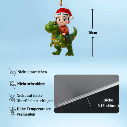 Süßes Kind mit Dinosaurier – Personalisierte Acryl-Weihnachtsanhänger – Lustiges Geschenk für Kinder & Enkel