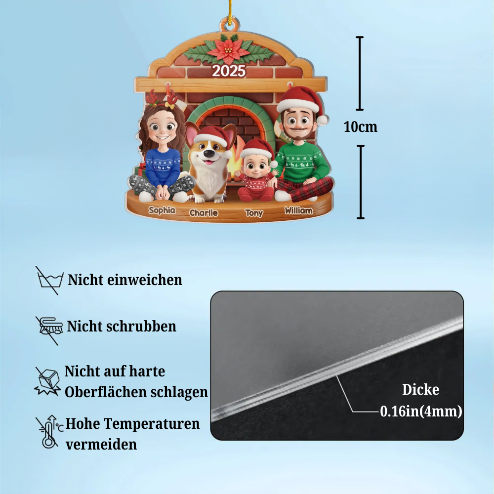 Familie am Kamin - Personalisierter Acrylanhänger mit 2-6 Personen oder Haustiere Christbaumschmuck mit Katze und Hund