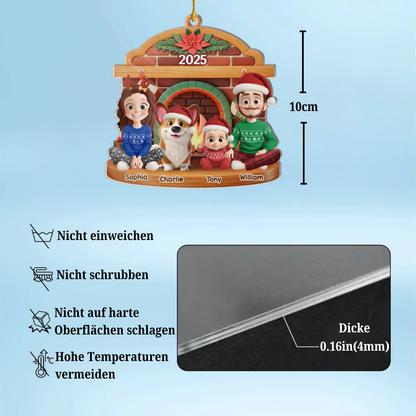 Familie am Kamin - Personalisierter Acrylanhänger mit 2-6 Personen oder Haustiere Christbaumschmuck mit Katze und Hund