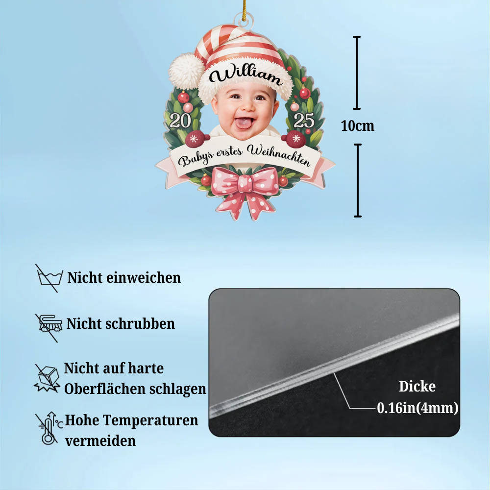 2025-Baby-Ornament mit Schleife Personalisierter Acrylanhänger mit Foto und Name Babys Erstes Weihnachten