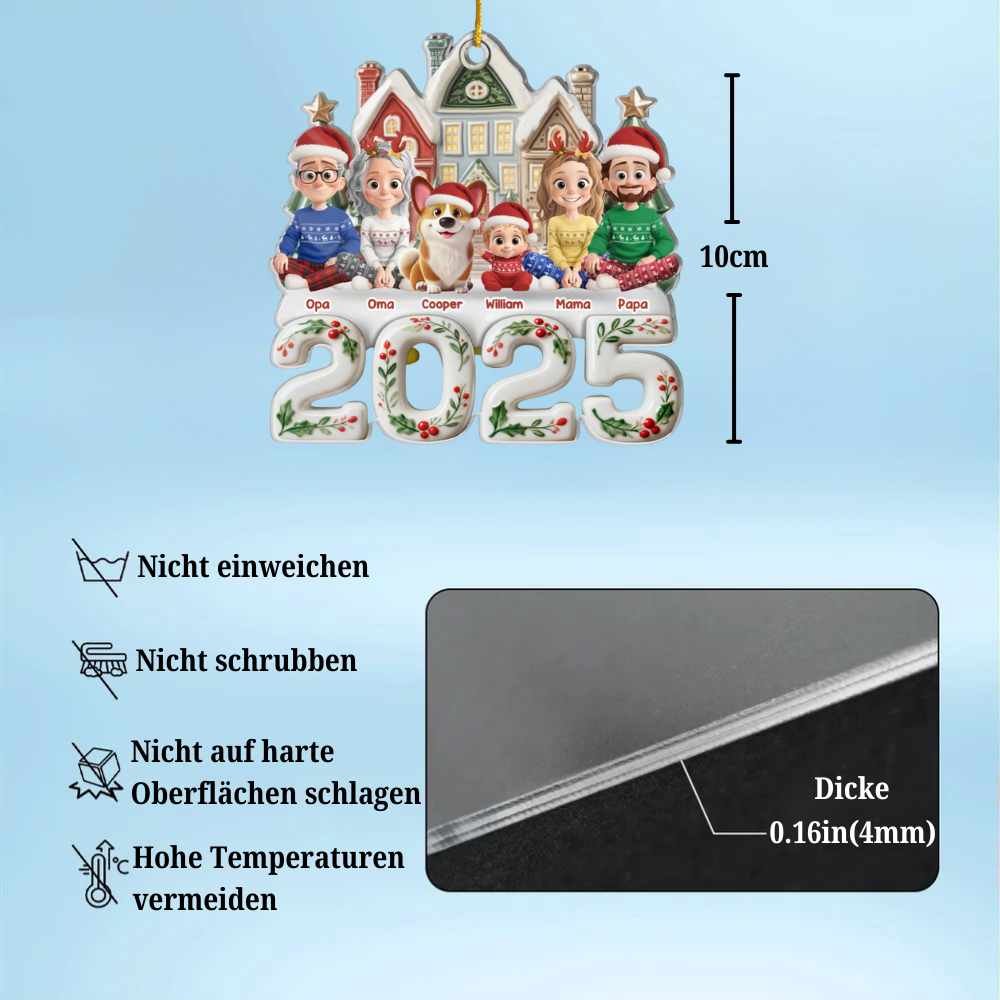 Personalisierter Acrylanhänger 2025 Christbaumschmuck mit Familie, Hund und Katze