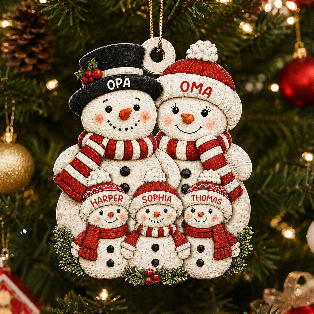 Personalisierter Holz-Weihnachtsanhänger mit Namen – Schneemannfamilie