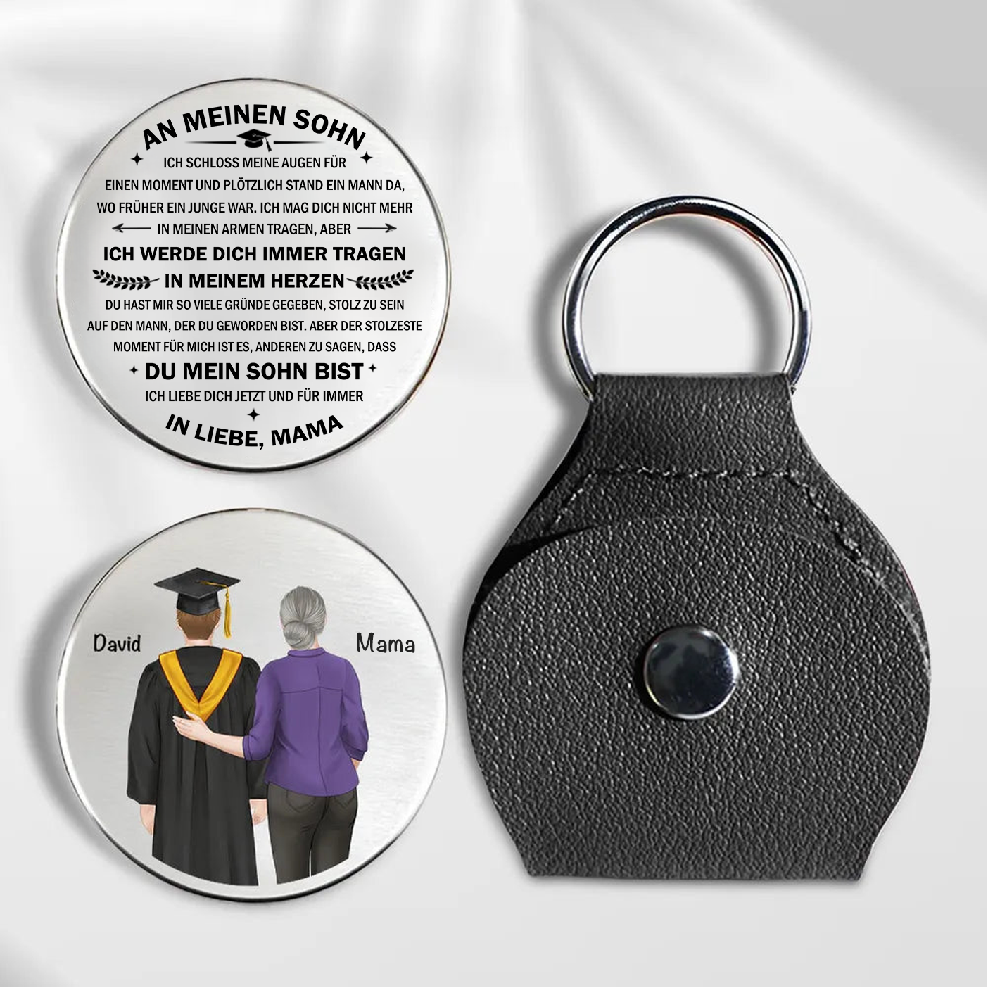 "An meinen Sohn" Taschenumarmung mit Spruch und Figuren Geschenk zum Abschluss