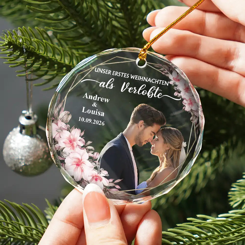 Personalisierter Glas-Weihnachtsanhänger mit Foto – Erstes Weihnachten als Ehepaar