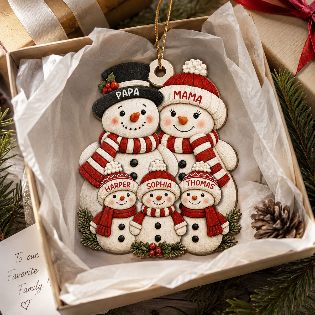 Personalisierter Holz-Weihnachtsanhänger mit Namen – Schneemannfamilie