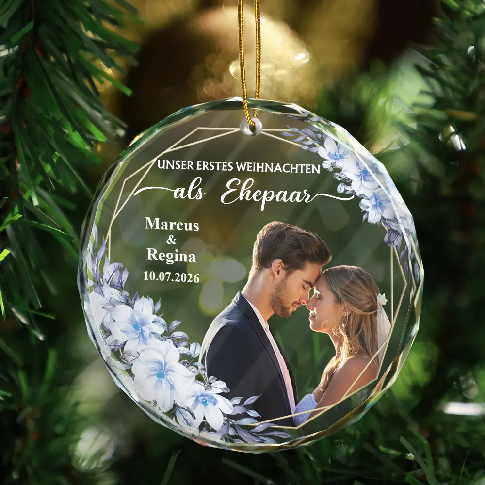 Personalisierter Glas-Weihnachtsanhänger mit Foto – Erstes Weihnachten als Ehepaar