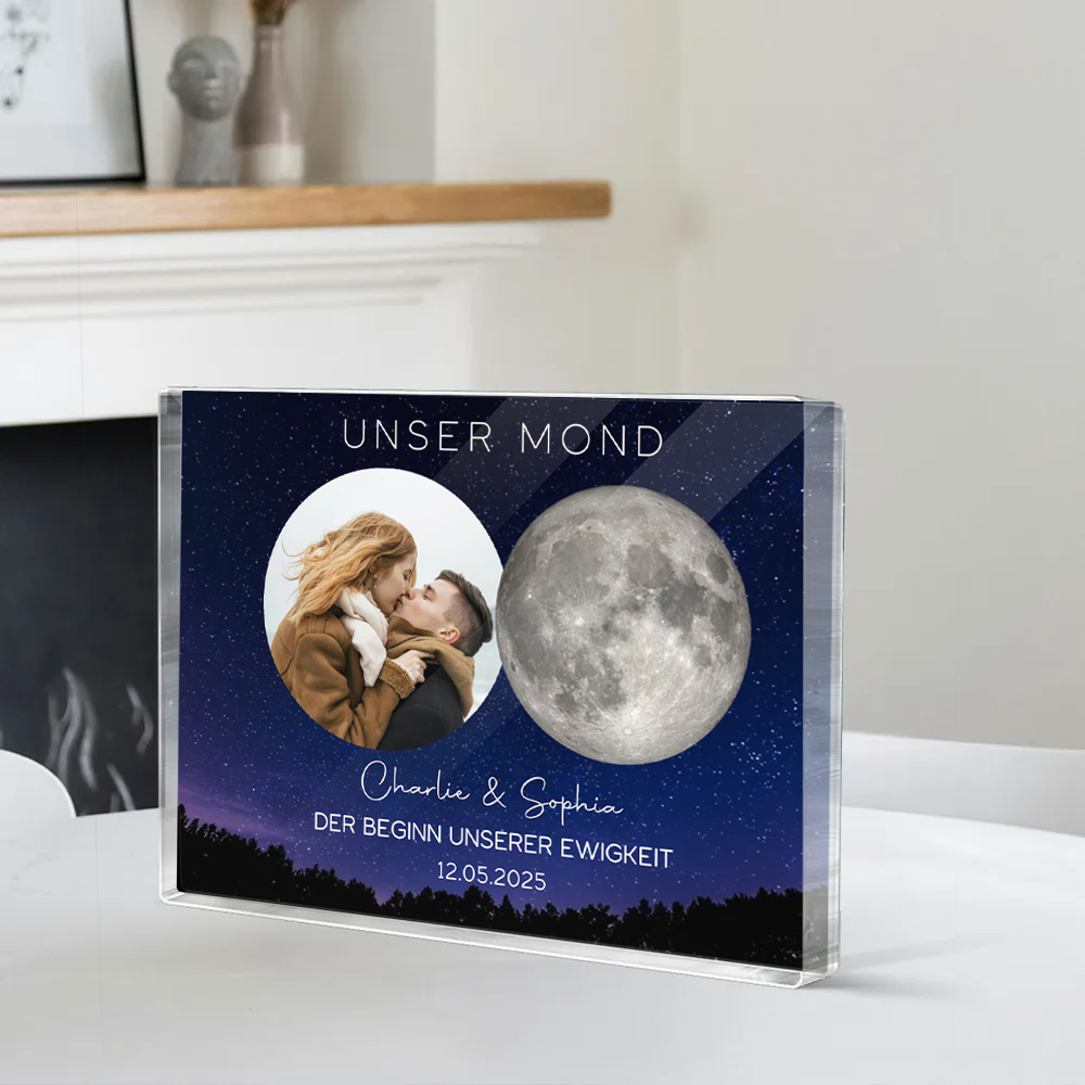 Unser Mond-Personaliserter Acrylblock mit Mondphase und Foto Geschenk für Paar