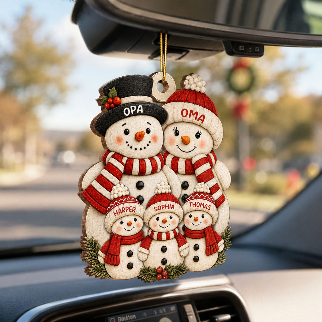Personalisierter Holz-Weihnachtsanhänger mit Namen – Schneemannfamilie