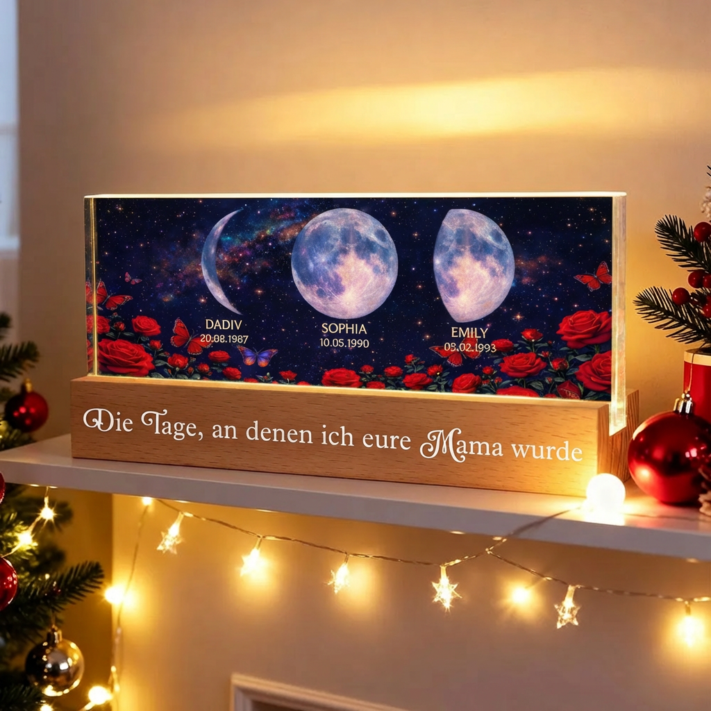 Rosen und Mondphasen- Personalisiertes LED Nachtlicht mit Text und Mondpahsen Geschenk für Mama und Oma