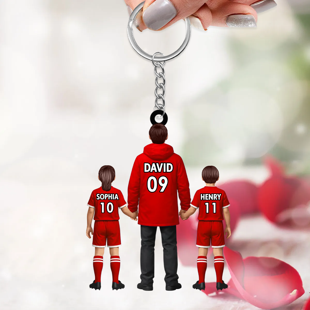 Papas Fußballteam- Personalisierter Acrylschlüsselanhänger mit Mann und Kinder