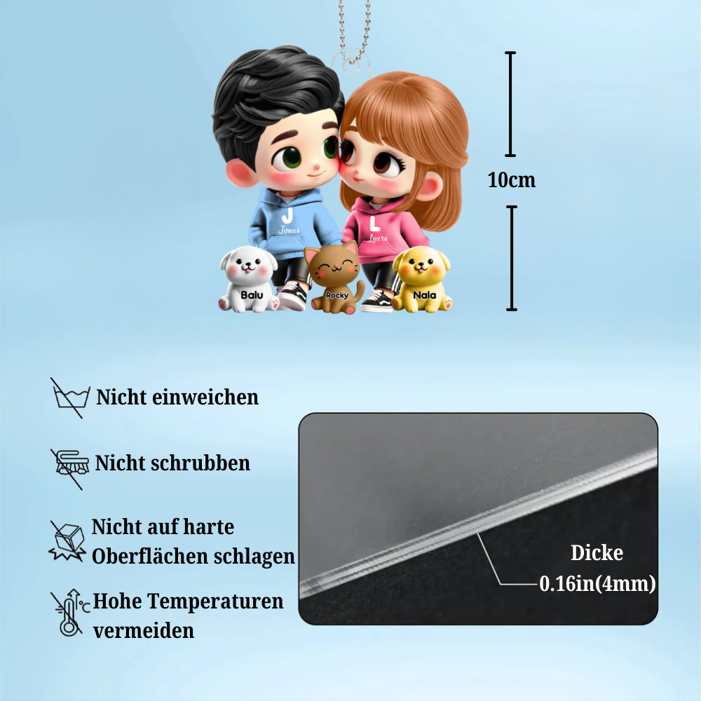 Cartoon-Paar mit Haustieren- Personalisierter Autoanhänger Geschenk für Paar