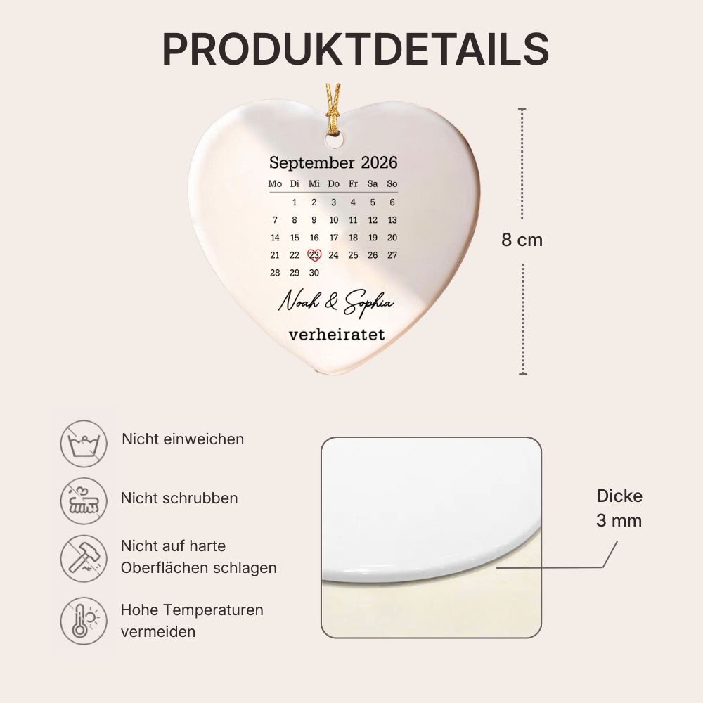 Personalisierter Keramik-Anhänger mit Kalender und Namen – zum Hochzeitstag