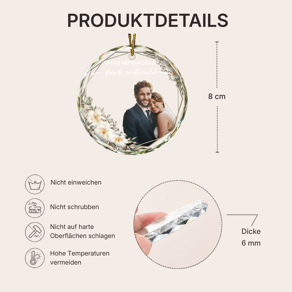 Personalisierter Glas-Weihnachtsanhänger mit Foto – Erstes Weihnachten als Ehepaar