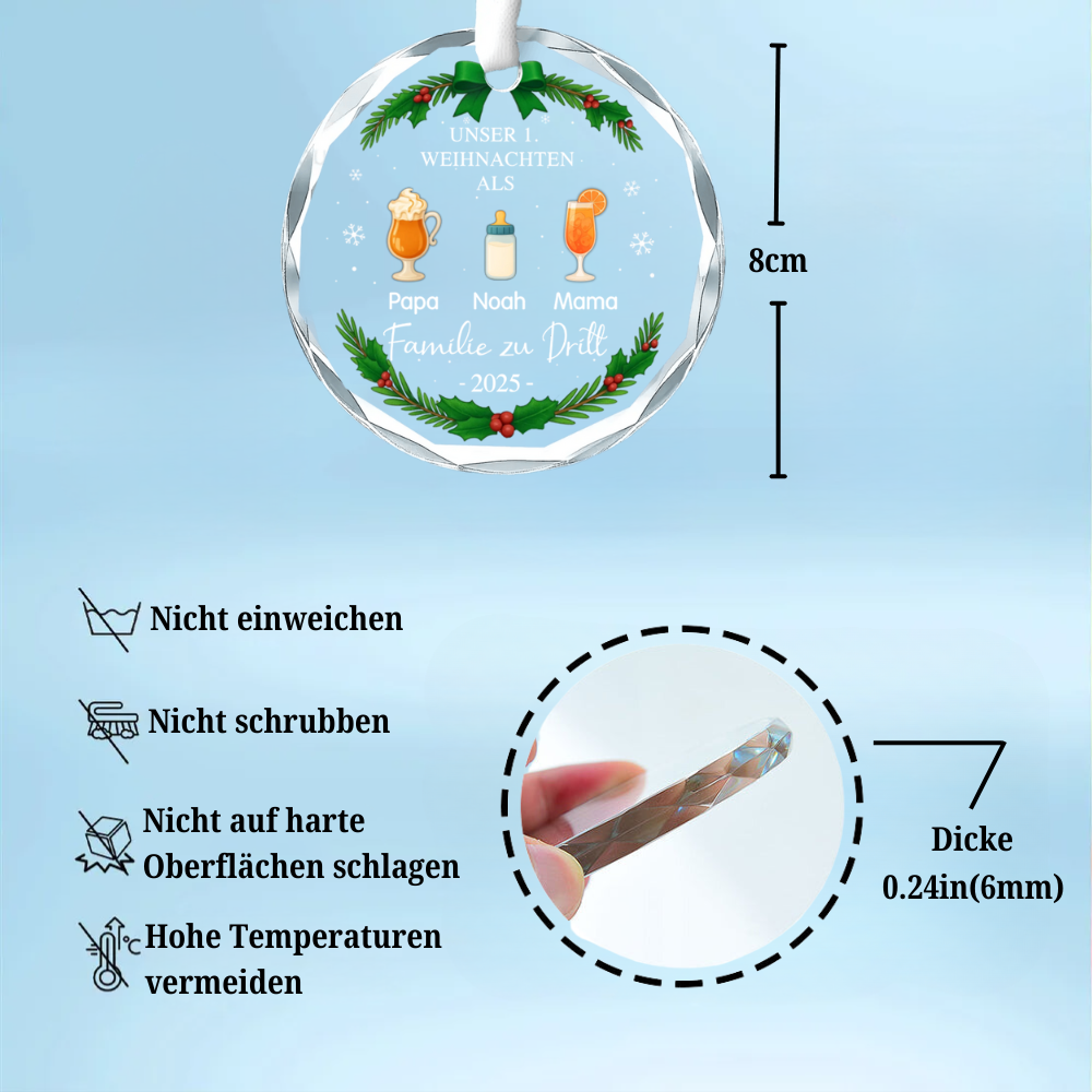 Glas-Ornament mit Getränke und Namen "Erstes Weihnachten als Familie zu..." Personalisierter Christbaumschmuck