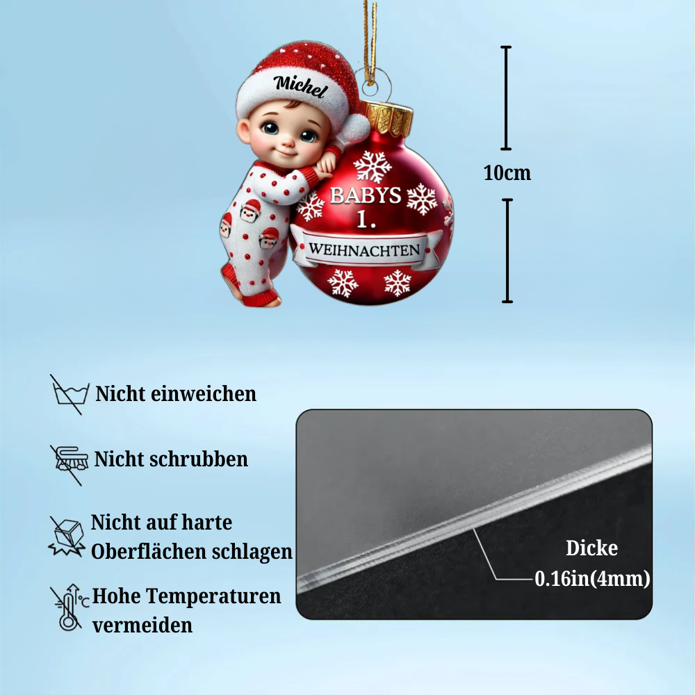 Personalisierte 2D flache Acryl Ornament-Baby hält Kugel erste Weihnachten