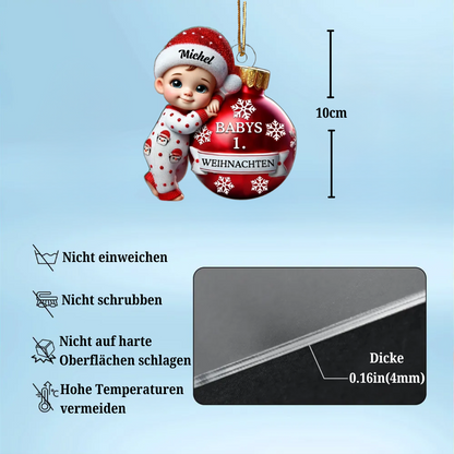 Personalisierte 2D flache Acryl Ornament-Baby hält Kugel erste Weihnachten