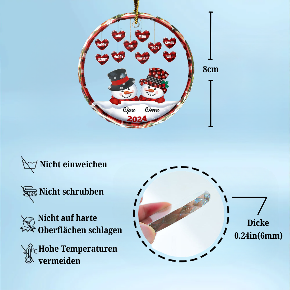 Glas Weihnachtsanhänger-Schneemännchen und Herzen für Eltern und Großeltern